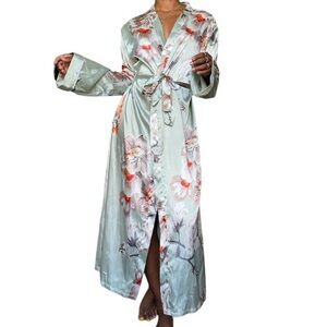 1960s inspired green satin robe with floral print